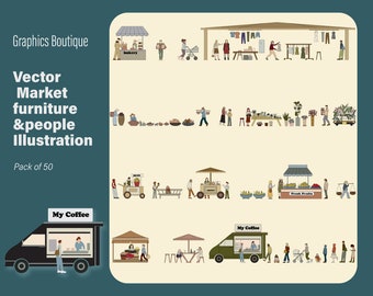 Flat Vector Market Furniture and People Illustration (ai, svg, dwg) - Architectural Graphics