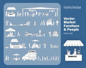 Flat Vector Market Furniture and People Illustration (ai, svg, dwg) - Architectural Graphics