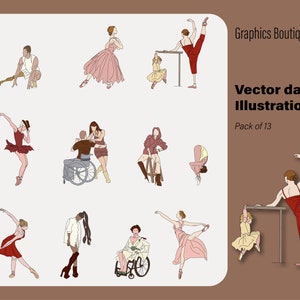Könnte beinhalten: Ein Set mit 13 Vektorillustrationen von Tänzern in verschiedenen Posen. Die Tänzer befinden sich alle in unterschiedlichen Positionen, einige sind in der Luft, einige am Boden und einige halten sich an einer Barre fest. Die Tänzer tragen alle verschiedene Outfits, einige tragen Tüllröcke, einige Hosen und einige Kleider. Die Illustrationen sind alle in einem einfachen, linienbasierten Stil gehalten. Graphics Boutique Vektor-Tänzer-Illustration Pack mit 13