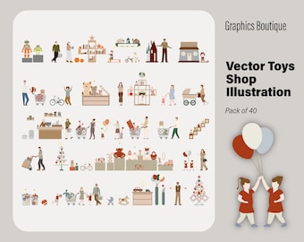 Flat Vector Toys Shop and People Illustration (ai, svg, png) - Architectural Graphics