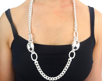 Collier Vintage Maille Plate Rhodié Argenté - Longueur 80cm, Années 80, Occasion Bon état