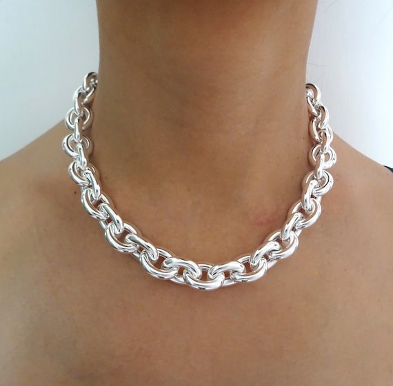 LARGE 925 Silver Necklace, 14 Mm Oval Chain. Weight: 90 Grams