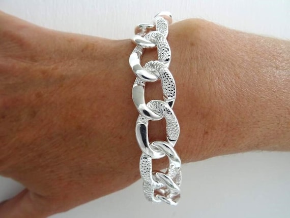 55 Gram Solid 925 Silver Bracelet. 16 Mm Crocodile-textured Link