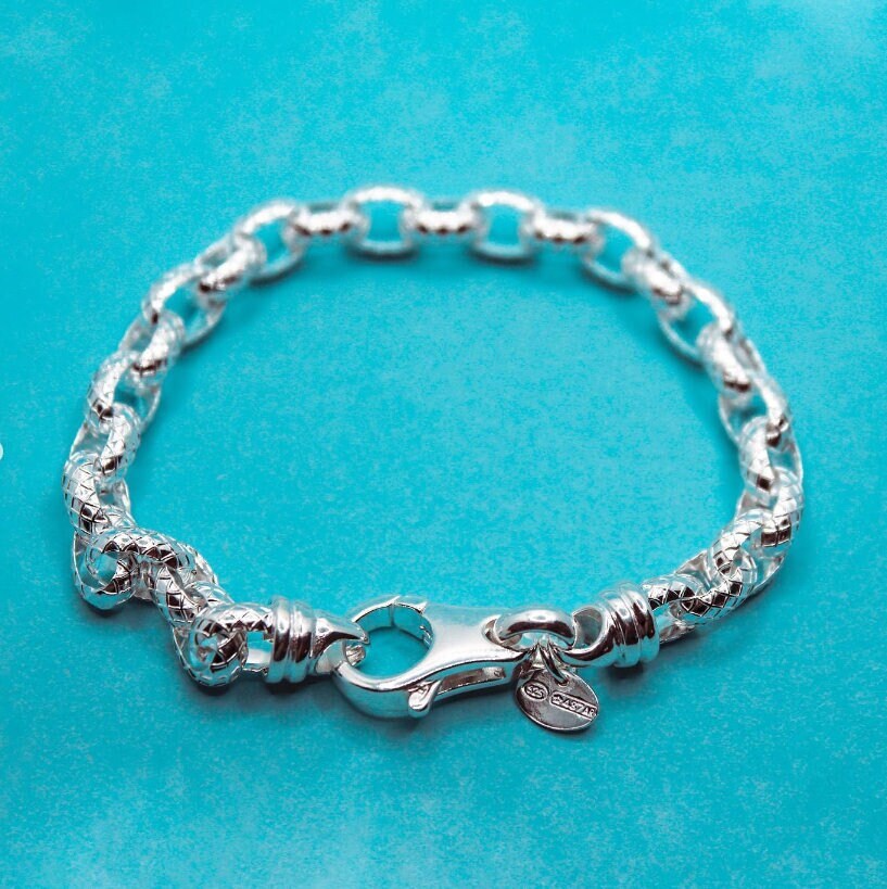 Solid 925 Silver Bracelet, 7 Mm Wide. Oval Rolo' Chain With