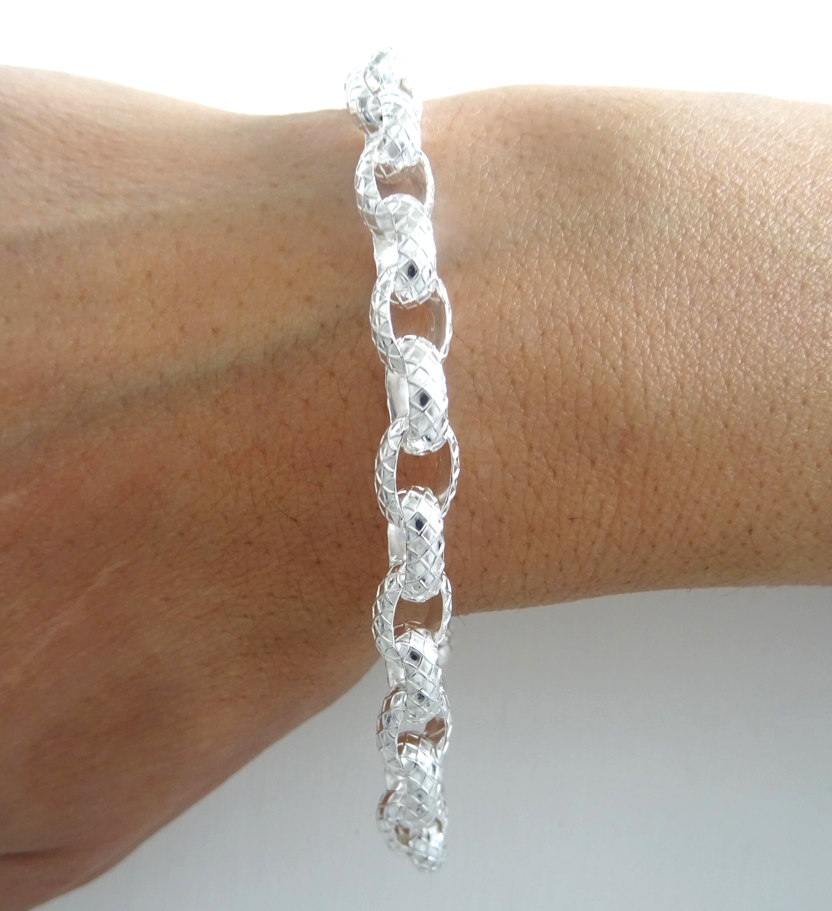 Solid 925 Silver Bracelet, 7 Mm Wide. Oval Rolo' Chain With