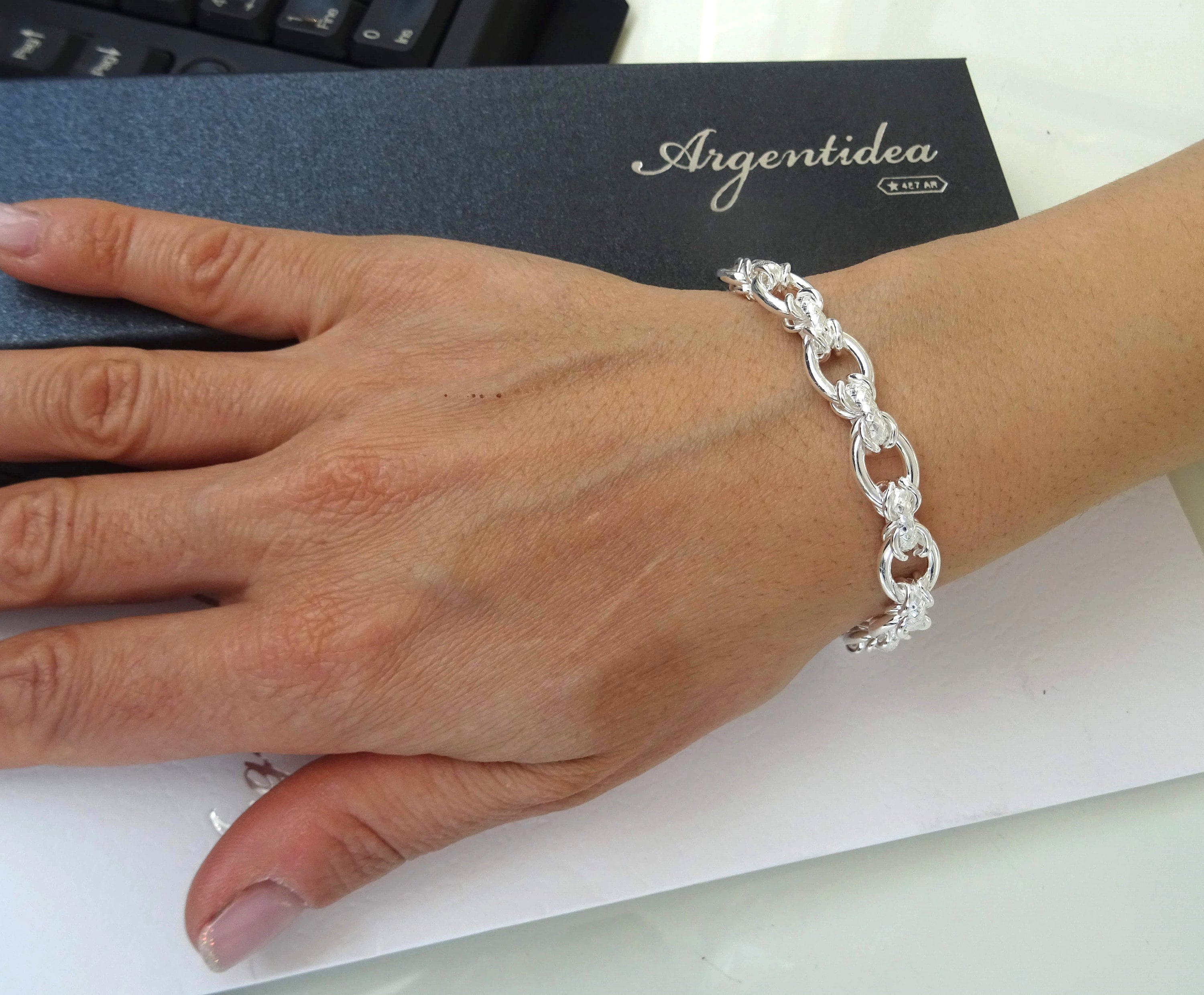 Bracciale donna argento 925 - maglia traversino 18mm e agata bianca