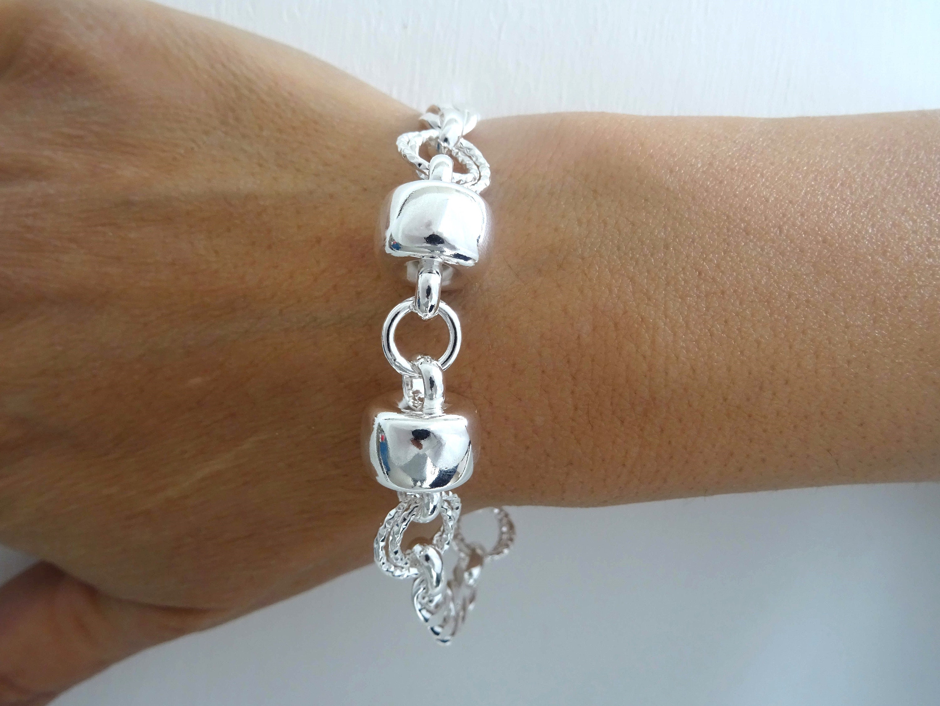 925 Silver Bracelet, 14 Mm Barrel Pattern and Diamond Curb