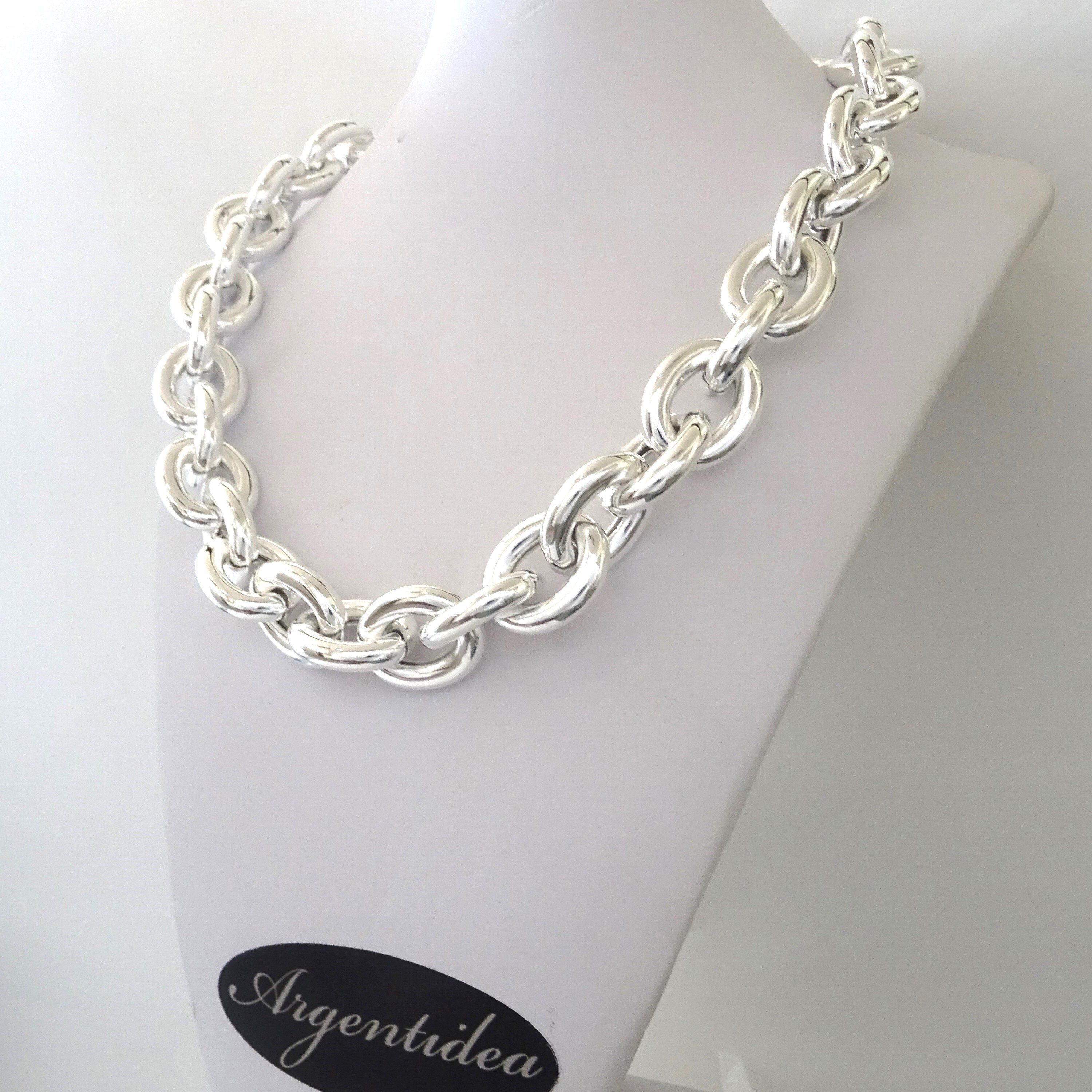 シルバー925 VERY LARGE 925 Silver Necklace, 18 Mm Oval Chain. 128 Grams. Made