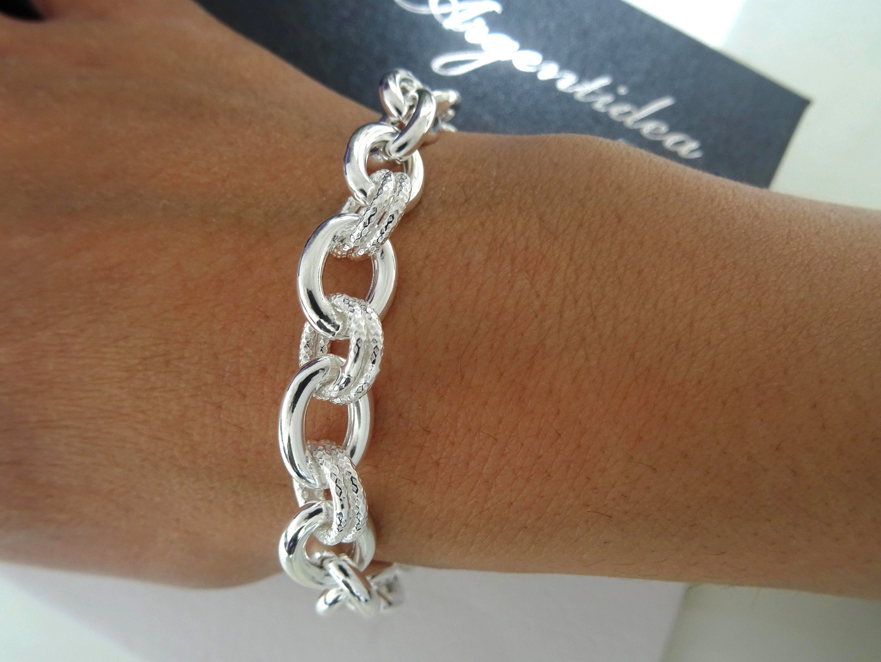 925 Silver Bracelet, 10 Mm Oval Links Alternating With Round