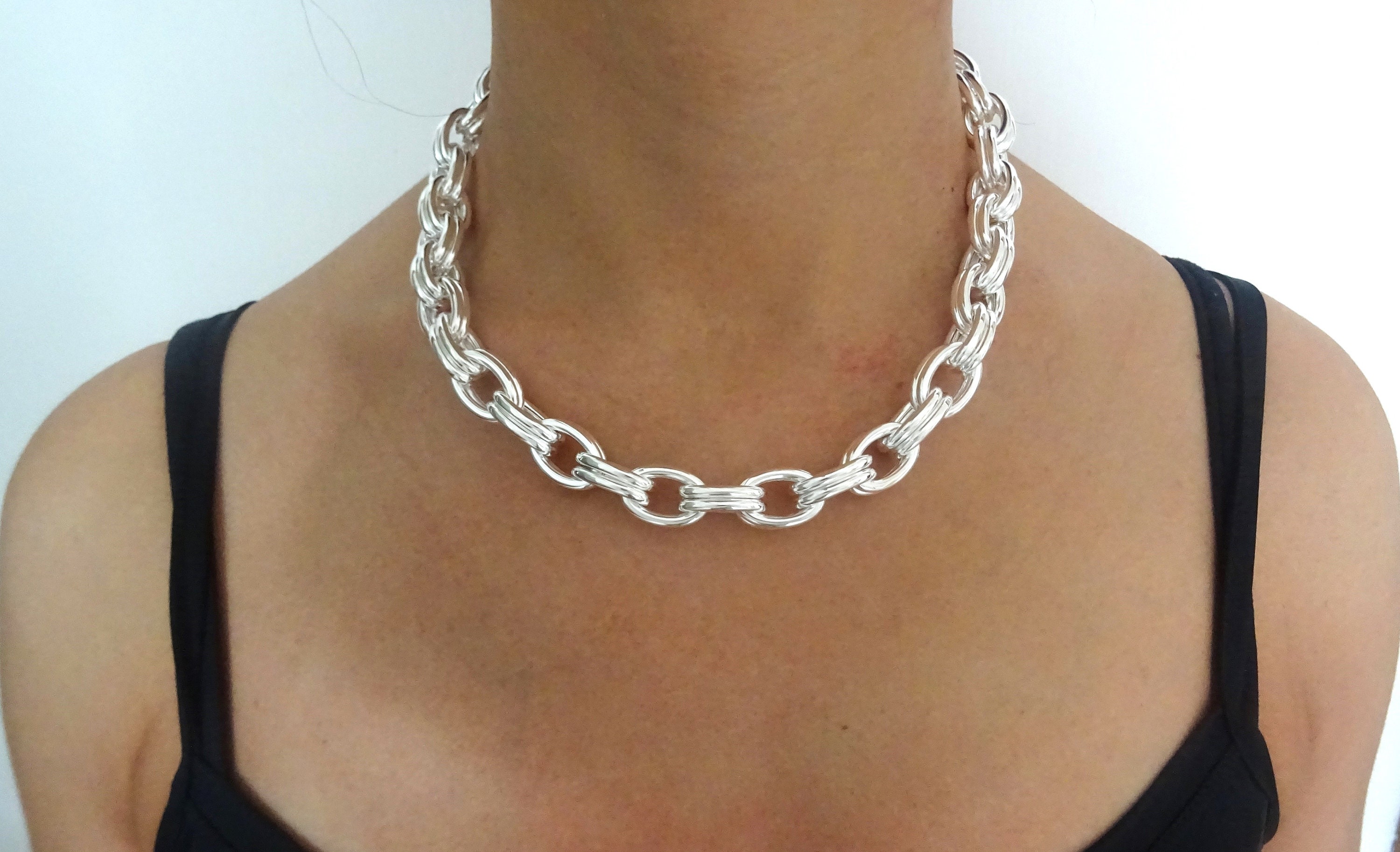 Collier Chaîne Argent 925 Avec Anneaux Ovales - Longueur 54 Cm, Poids 58 G, Marque Oriental Art