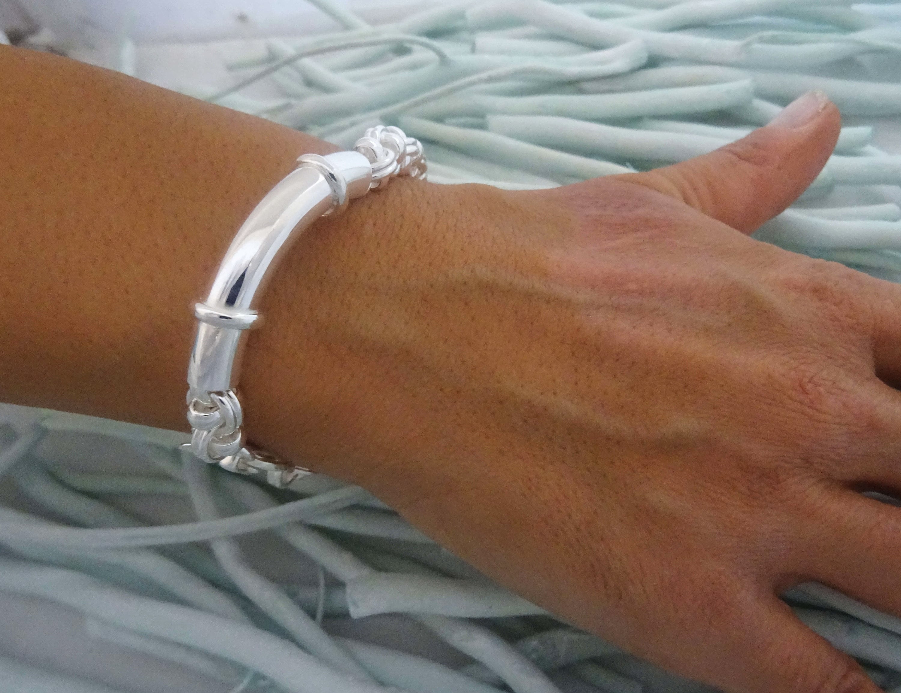 Vintage Bracelet in 925 Silver Tube and Chain, 1970s Model