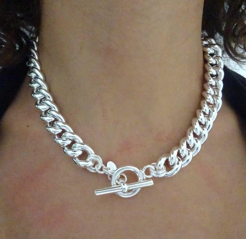 925 Silver Necklace With 14 Mm Curb Chain. T-BAR CLOSURE