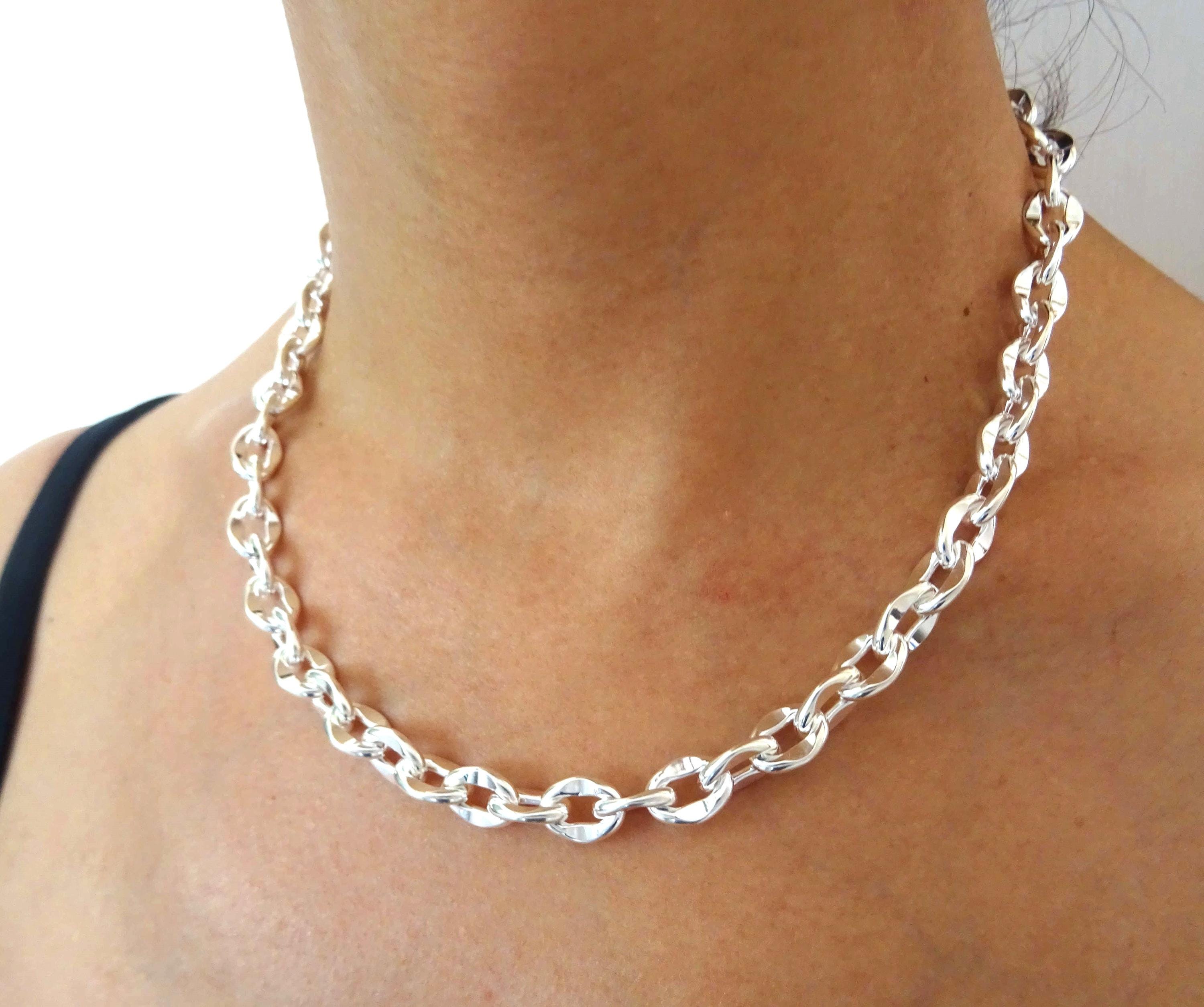Solid 925 Silver Chain, Oval Asymmetrical Link With Central