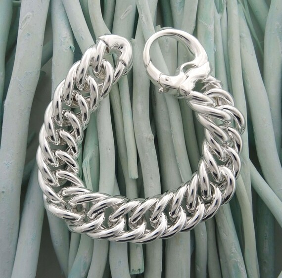 Large Women's 925 Silver Bracelet With Double Curb 18 Mm Large Women's 925 Silver Bracelet With Double Curb 18 Mm