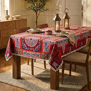 Ramadan Tablecloth Red Geometric | Eid Table Decor | Islamic Home Decor | Large Dining Tablecloth | Home Gift