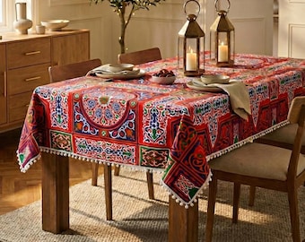 Tovaglia rossa geometrica per il Ramadan / Decorazione per la tavola dell'Eid / Decorazione islamica per la casa / Grande tovaglia da pranzo / Regalo per la casa