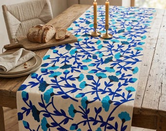 Blue Embroidered Table Runner – Floral Cotton Table Runner for Dining Table, Elegant Table Decor, Handmade Dining Table Runner