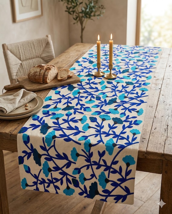 Blue Embroidered Table Runner – Floral Cotton Table Runner for Dining Table, Elegant Table Decor, Handmade Dining Table Runner