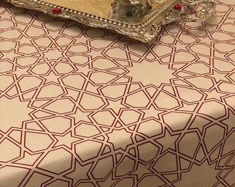 Tovaglia in cotone beige fatta a mano: nappe a stella bordeaux, biancheria da pranzo boho