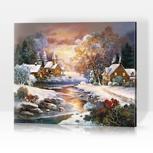 Winter Mountain Village on the River - Painting by Numbers