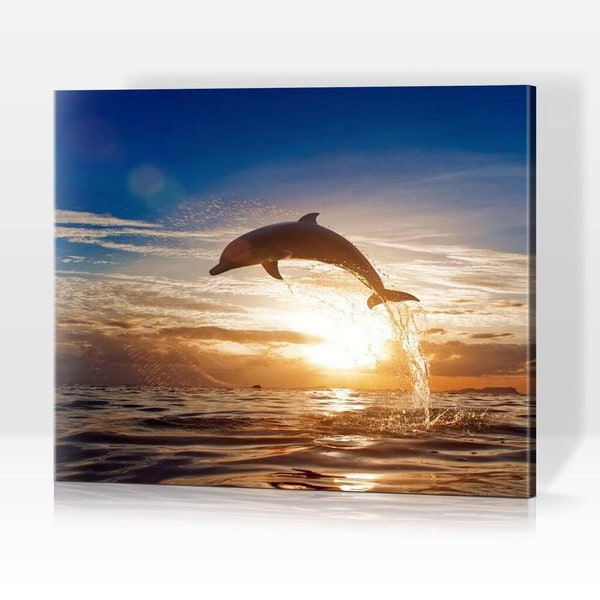 Un dauphin saute par-dessus le soleil - peindre en chiffres