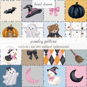 Pode incluir: Um padrão sem costuras com ilustrações desenhadas à mão de morcegos, chapéus de bruxa, laços cor-de-rosa, abóboras, fantasmas, um urso de peluche, estrelas, cogumelos, patos, losangos, vassouras e luas em rosa e preto numa grelha.