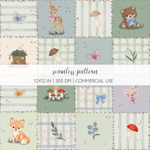 May include: A seamless pattern featuring a patchwork design with various woodland illustrations. The squares showcase a deer, teddy bear, butterflies, mushrooms, and a fox. The text "seamless pattern" and dimensions are included.