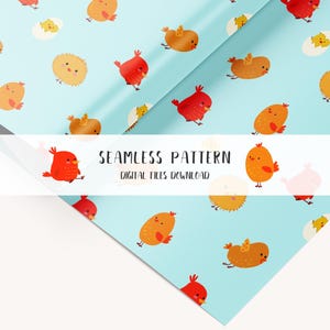 Puede incluir: Un patrón sin costuras con pájaros rojos y naranjas, huevos amarillos y pollitos amarillos esponjosos sobre un fondo azul claro. El texto "Seamless Pattern" y "Digital Files Download" se muestra en una pancarta blanca.