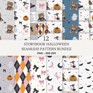 Pacote com 12 estampas sem costura de Halloween em PNG, tecido vintage de conto de fadas, fantasmas fofos, ganso bruxo e papel digital de abóbora.