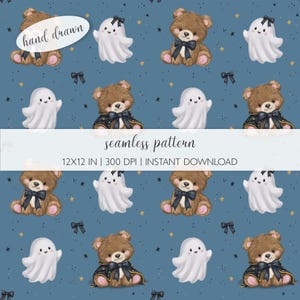 May include: A seamless pattern with brown teddy bears wearing black bow ties and capes, and white ghosts with black bows, on a dark blue background with gold stars and bows. The words "hand drawn" and "seamless pattern" are visible.