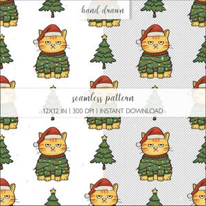 Grumpy Christmas Cat Seamless Pattern, Funny Holiday PNG (Digital Download)