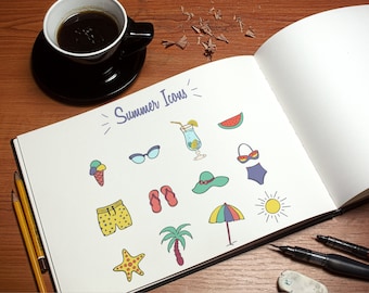 Summer Doodle Clipart: Hand-Drawn PNG & EPS Icons, Digital Download