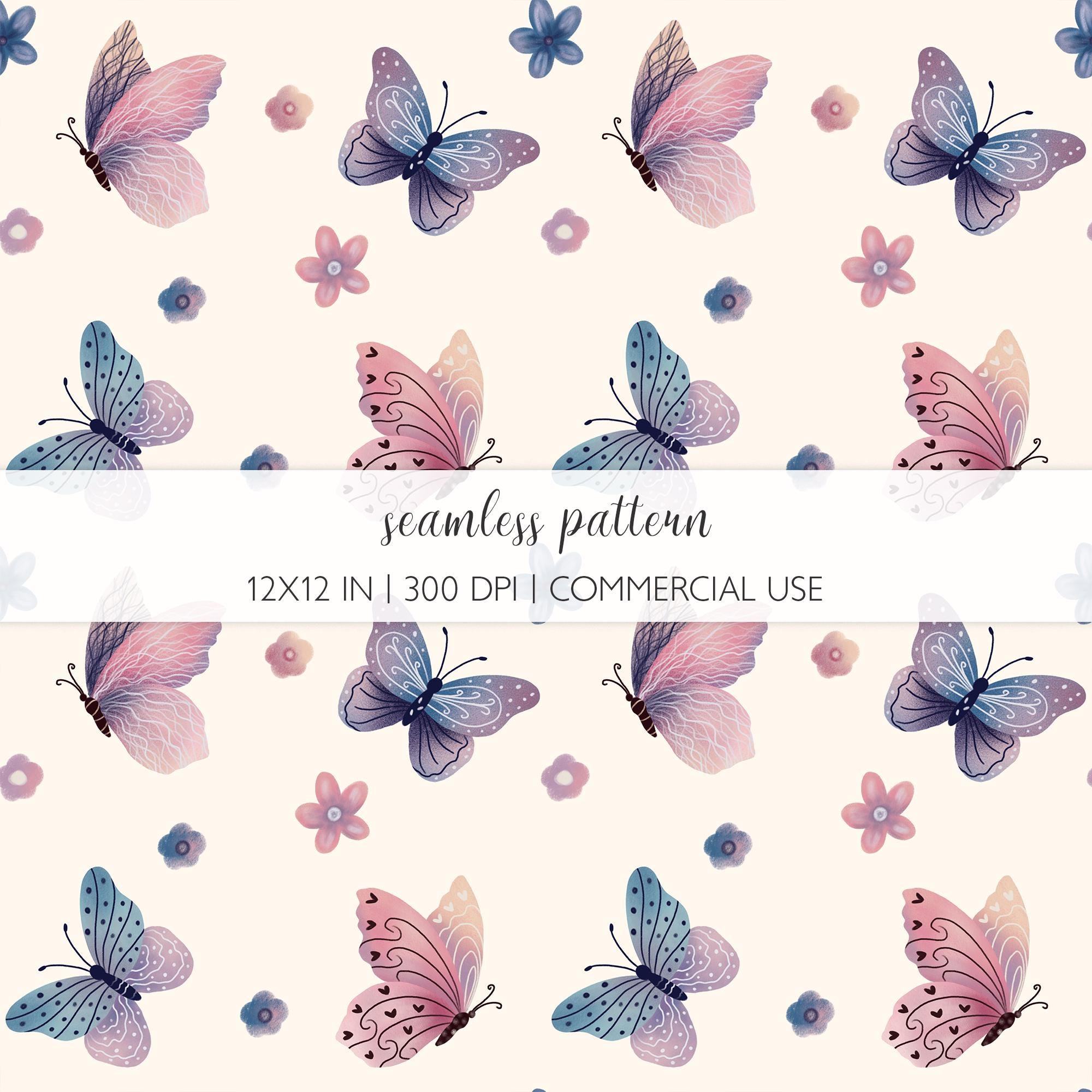 Pastel Butterfly Floral Seamless Pattern: Watercolor Print, Digital ...