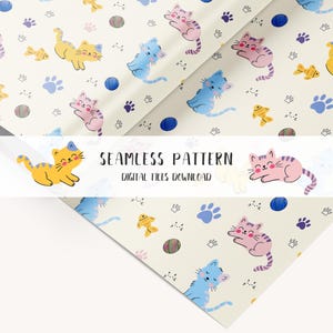 Papel de regalo para gatos, patrón sin costuras, ilustración sin costuras, papel imprimible, decoración de gatos, diseño de gatos, arte mural