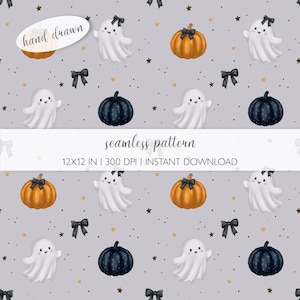Halloween Ghost Seamless Pattern PNG, Vintage Halloween Pumpkin Fabric Repeat, Watercolor Digital Paper, Small Commercial Use