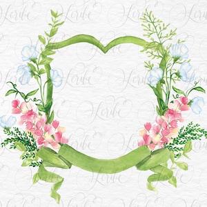 Watercolor Crest, Wedding, Floral Crest, Watercolor Flowers, PNG, Digital Download, Save the Date, Monogram, Crest, Pink and Green, Ribbon