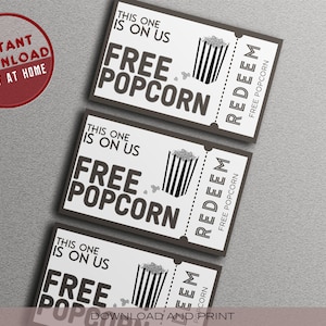 KOSTENLOSER POPCORN-GUTSCHEIN, dieser ist bei uns, kostenlose Popcorn-Eintrittskarten, Veranstaltungsticket, Aktivitätsmahlzeitgutscheine, Print At Home, Trending Ticket