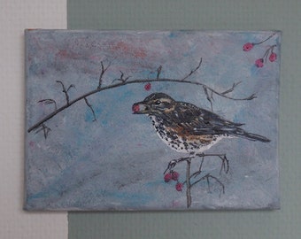 Redwing painting on canvas, Original and handmade bird painting, wall decor small artwork bird gift