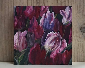 Painting tulips, original handmade small artwork on wood, miniature landscape flowers, decoration idea wall decor, gift