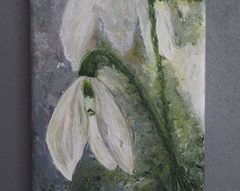 Snowdrops - painting on canvas, floral artwork, original, unique hand painted wall art, wall decor handmade gift
