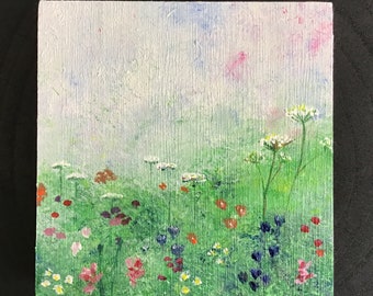 Peinture fleurs des champs, petite œuvre d'art originale faite à la main sur bois, fleurs de paysage miniatures, idée déco décoration murale, cadeau