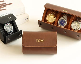 Luxury black leather watch roll, customized travel watch box for him, travel watch case, groom's father gift, gift prepared for him