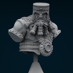 Peut inclure: Un buste gris imprimé en 3D d'un guerrier avec une barbe et un casque. Le buste est sur un piédestal gris avec une base décorative.