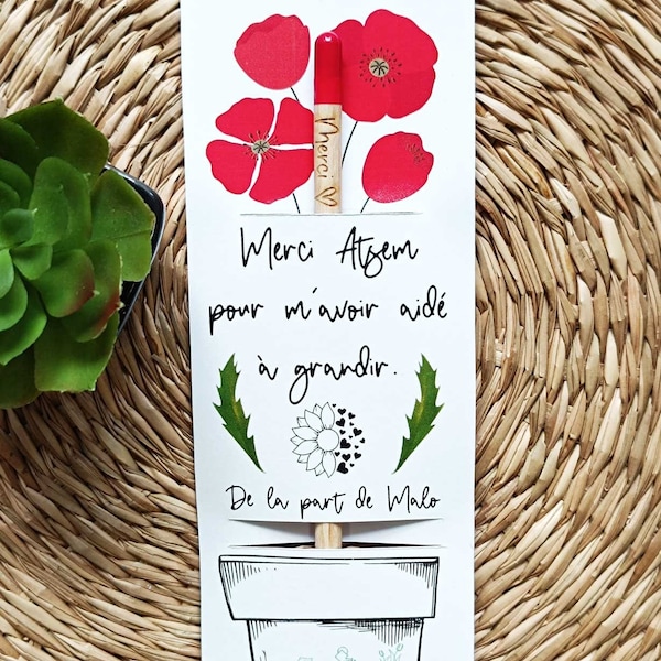 Thank you plantable pencil with personalized card. Gift for teacher, assistant teacher, or nanny. Poppy plantable pencil. Thank you for helping me grow.