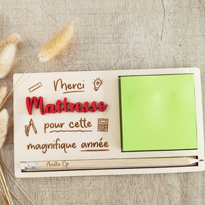 Wooden Post-it holder and engraved pencil, personalized end-of-year gift, teacher, ATSEM, Master, Nanny "magnificent" (first name/class).