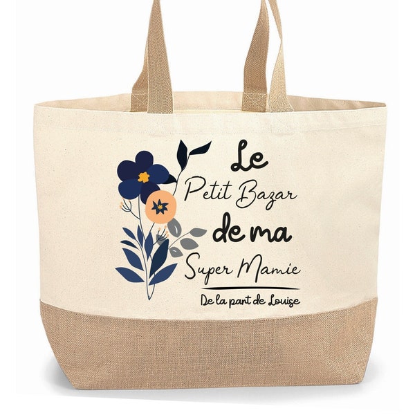 Sac cabas jute personnalisable pour maman, mamie, marraine, amie fleur bleu