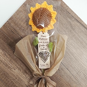 Crocheted eternal flower - Sunflower gift for teacher, atsem, nanny plus free personalized wooden bookmark (child's first name + class)
