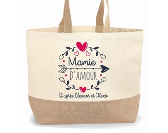 Sac cabas jute personnalisable cadeau pour maman, mamie, marraine, nounou or cœur