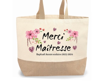 Sac cabas jute personnalisable cadeau Maîtresse, Atsem, Nounou  fleur pink, Cadeau de fin d'année, école, original