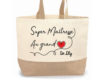 Sac cabas jute personnalisable cadeau Maîtresse, Atsem, Nounou grand coeur, Cadeau de fin d'année, école, original